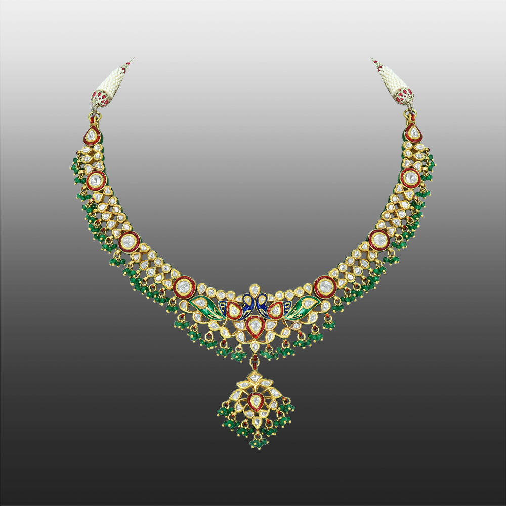 Peacock Polki Necklace with Multicolour Enamel and Bead Drops